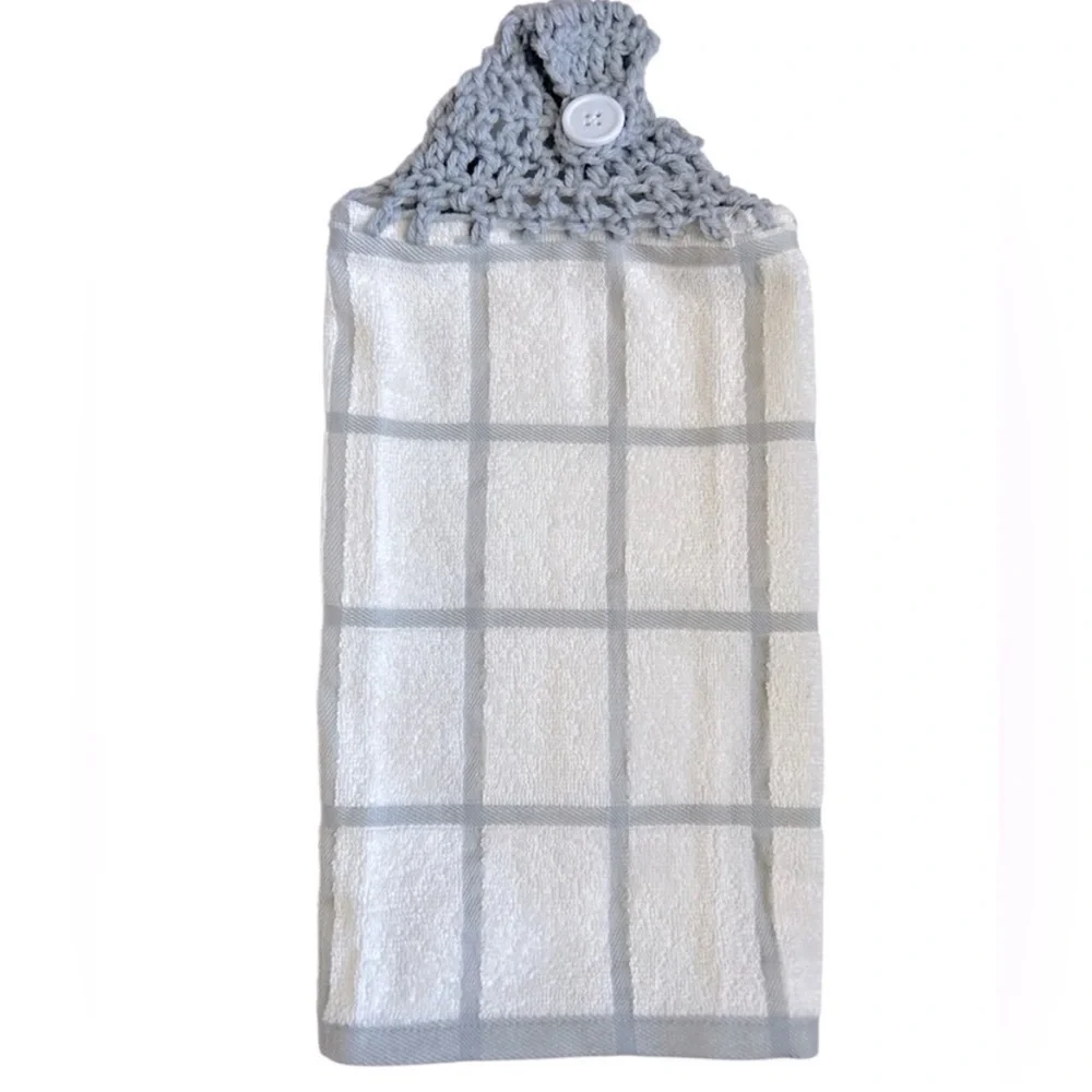 Hand Crafted Gray and White Hanging Hand Towel Crochet Top Kitchen or Bathroom